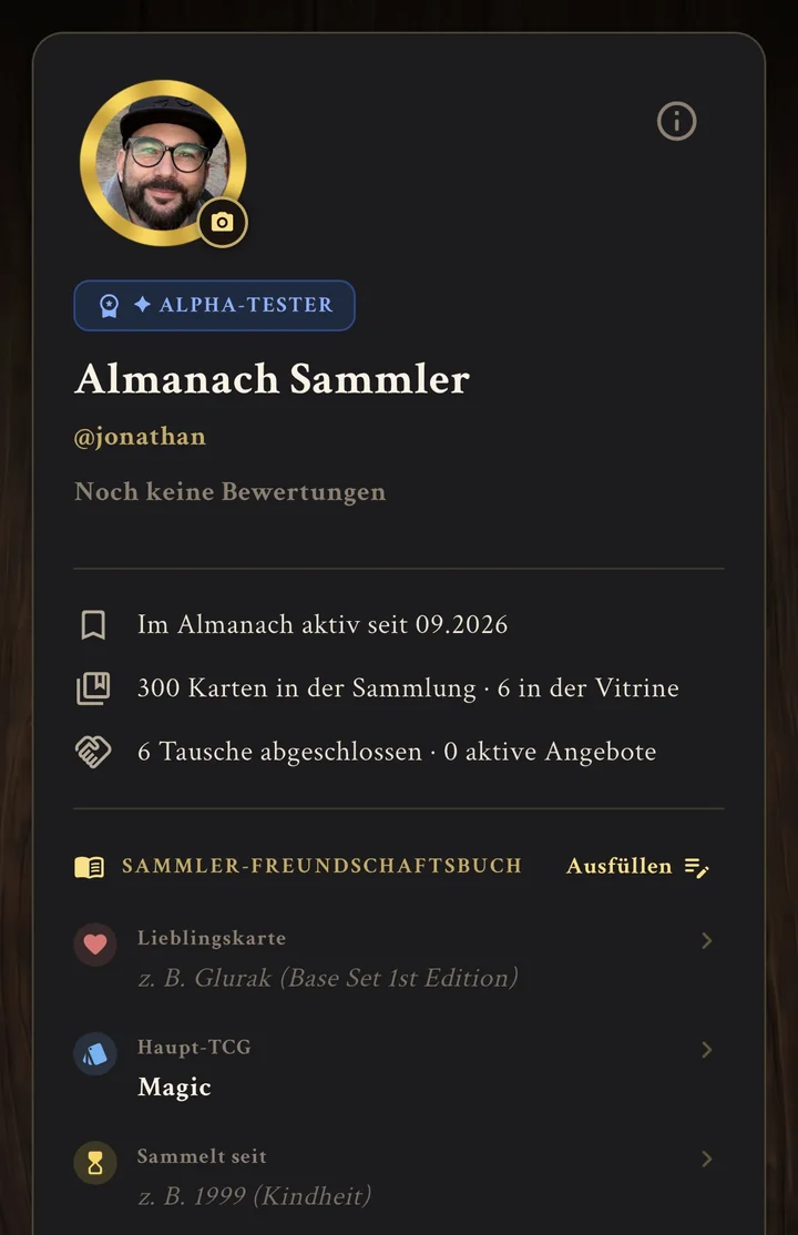 Sammler-Profil in der App mit Avatar, Alpha-Tester-Abzeichen, Bewertungen, aktiv-seit und abgeschlossenen Tauschen