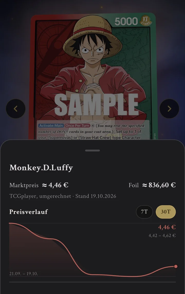 Kartendetail in der App mit Marktpreis in Euro und Preisverlauf der letzten 30 Tage